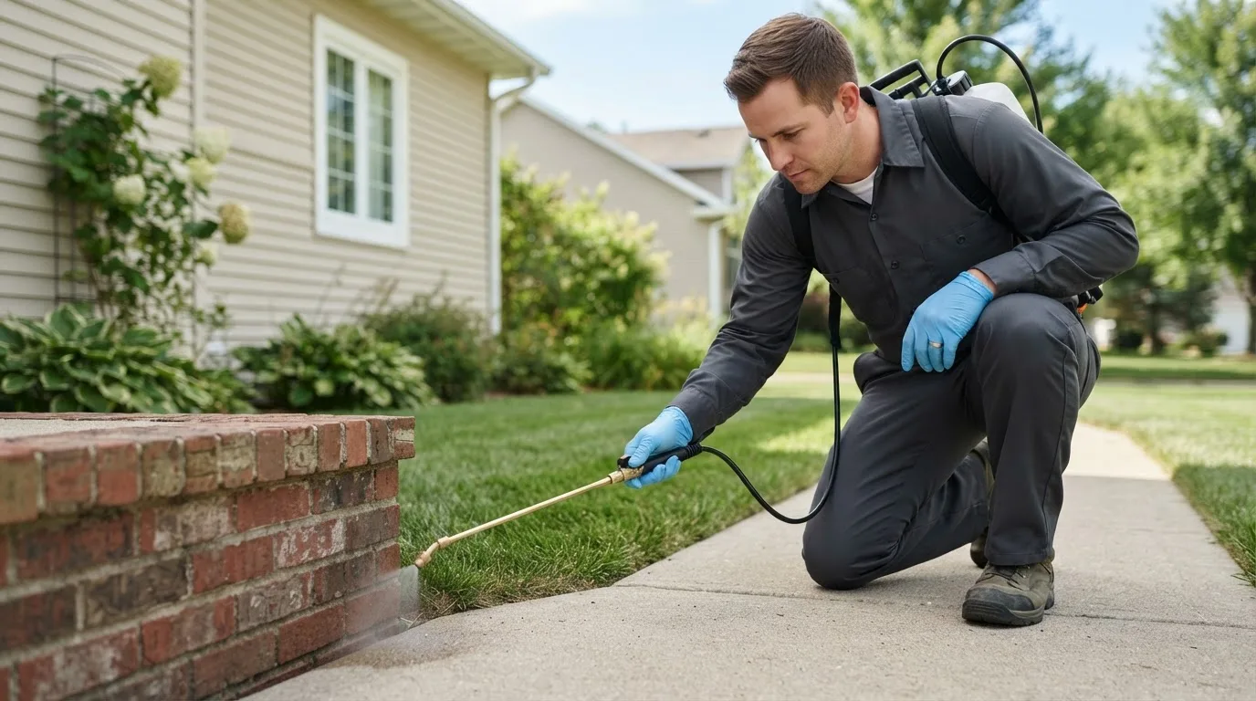 Pest control technician treating a home near Boones Mill, VA